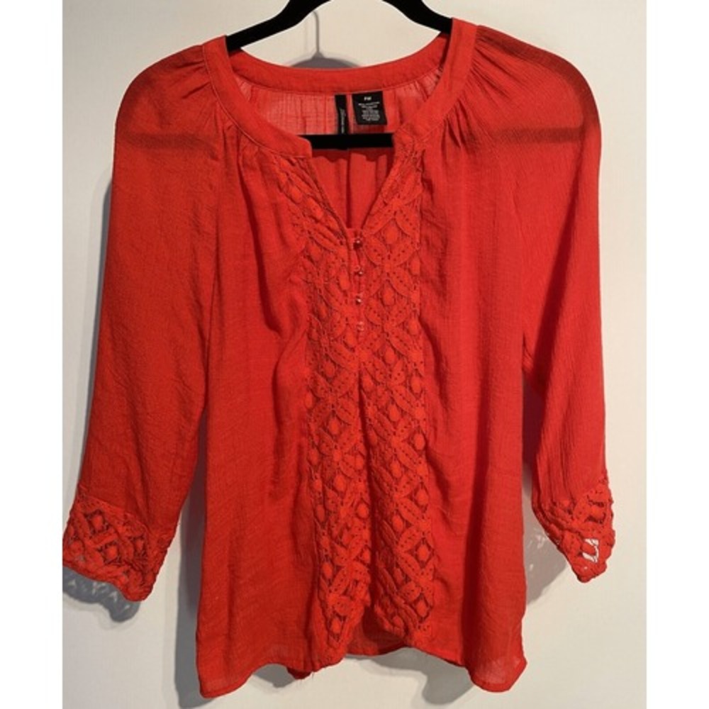 New Directions Shirt‎ Blouse Women's Size Medium Petite Boho Lace Orange Sheer